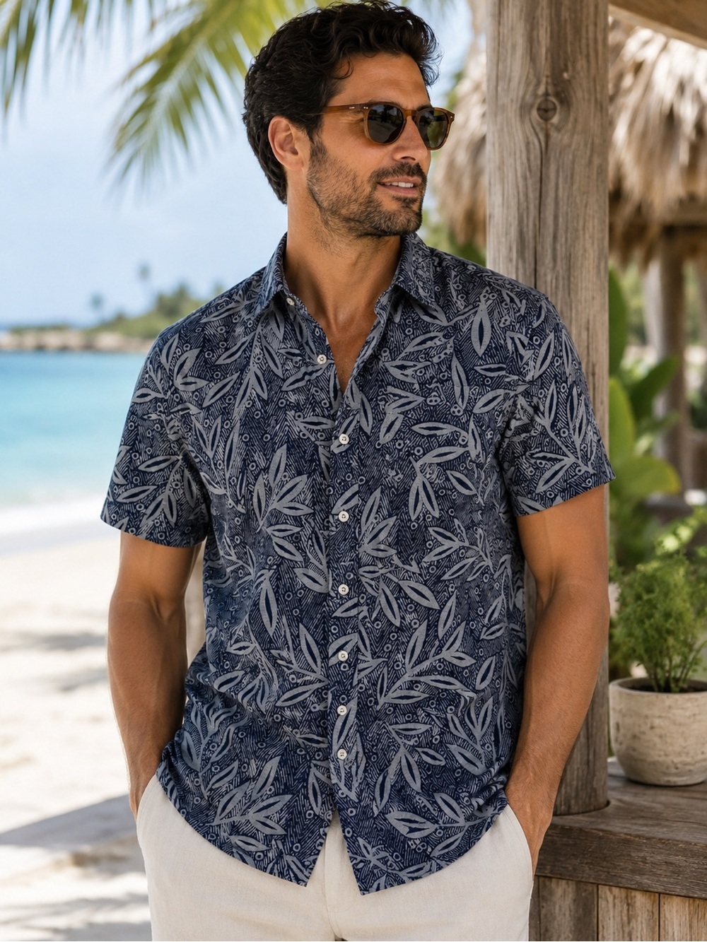 UNTUCKit Linen Tropical Leaf Shirt Medium Slim Fit